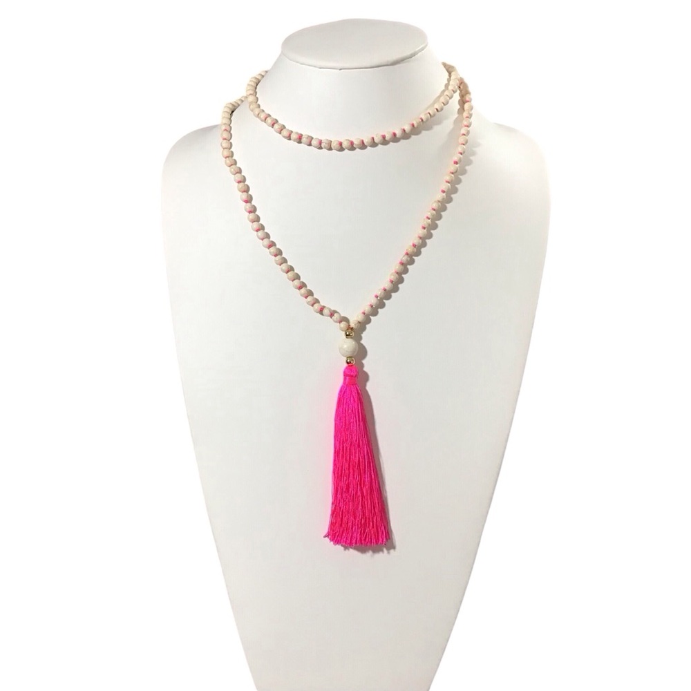 Marbled Beaded Necklace Pink Tassel Cream Beads Fashion Jewelry
